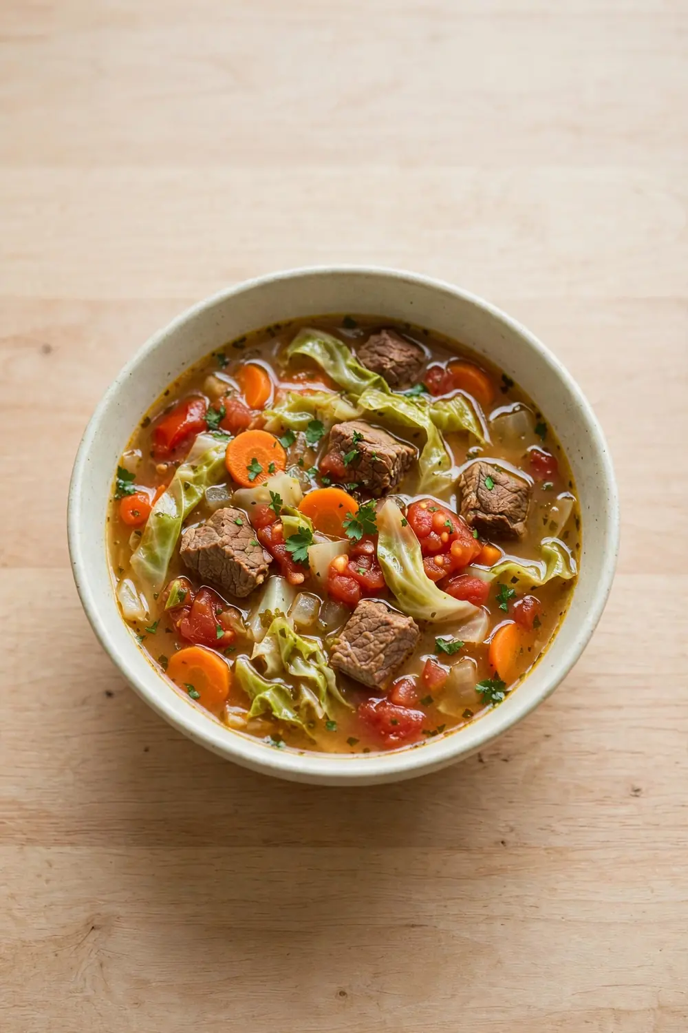Beef and vegetable soup with cabbage ribbons, beef chunks, carrots and tomatoes in savory broth