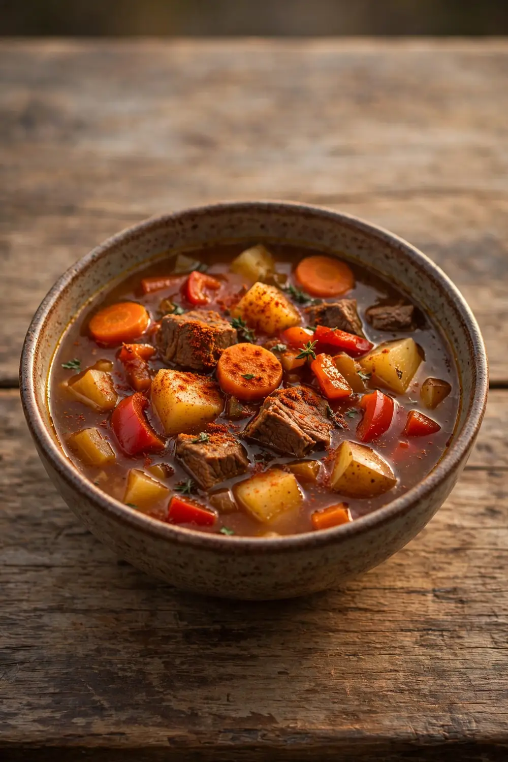 Beef and vegetable soup dusted with smoked paprika, with beef chunks, carrots, potatoes and peppers
