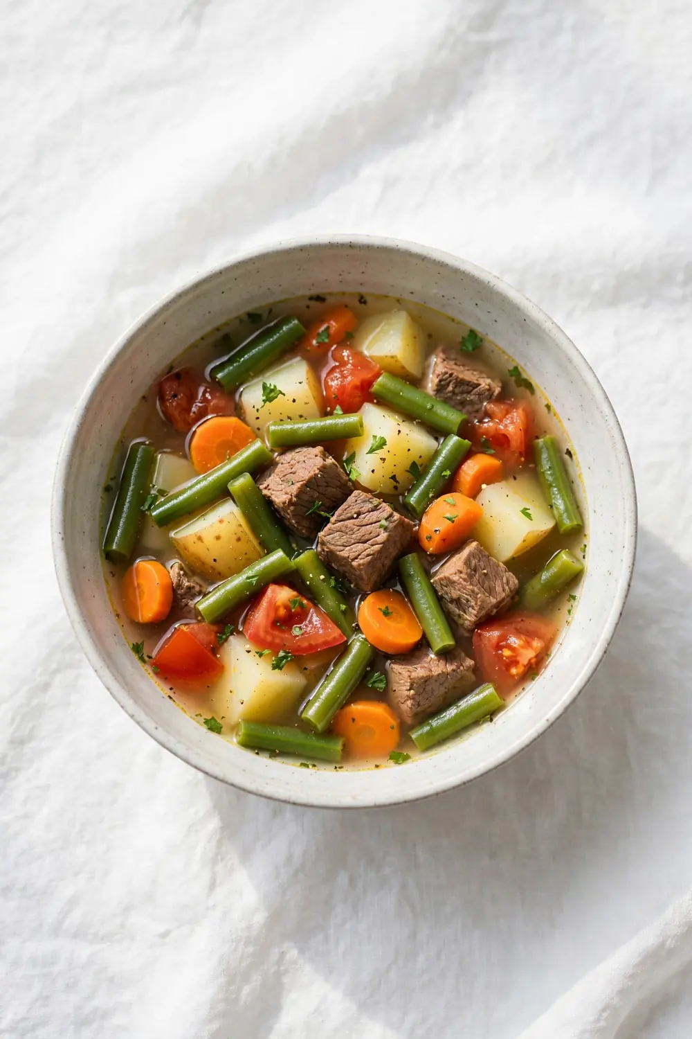 Beef and vegetable soup with green beans, beef chunks, carrots, potatoes and tomatoes in clear broth