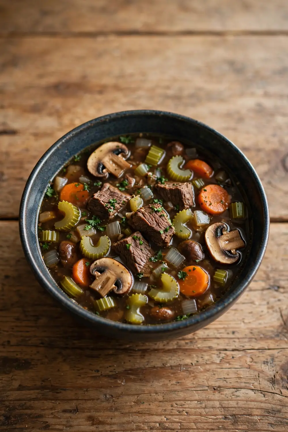 Beef and vegetable soup with mushrooms, beef chunks, carrots, celery and onion in dark broth