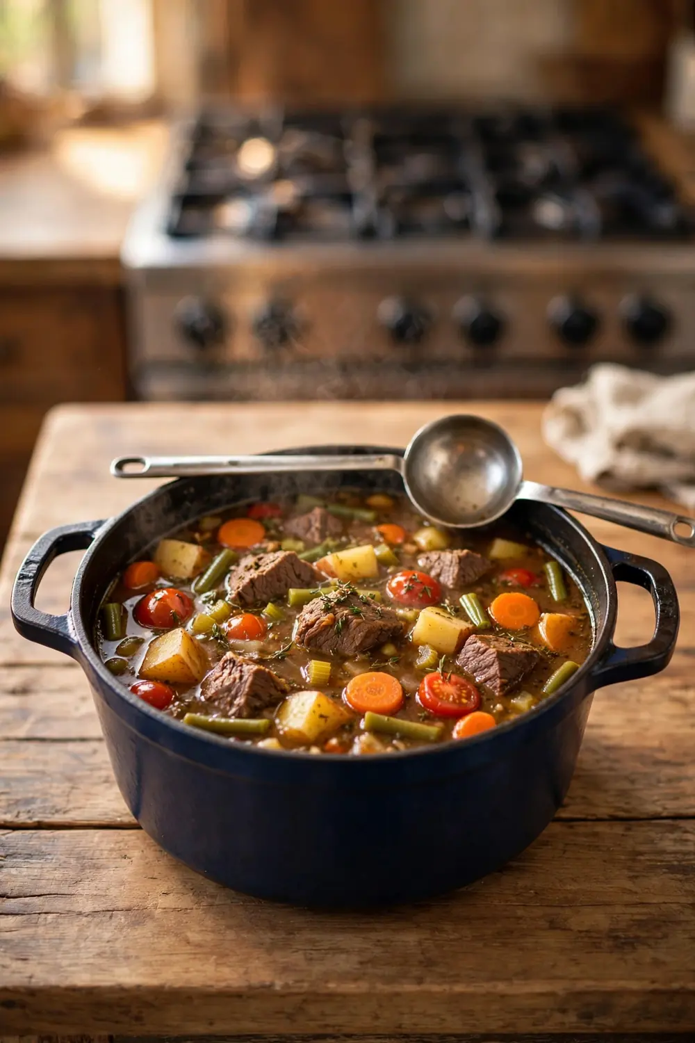 Beef and vegetable soup in a Dutch oven pot with beef chunks, carrots, potatoes and green beans