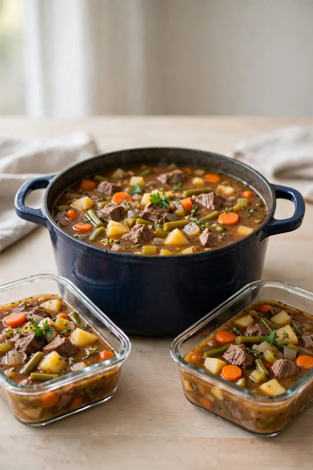 Large pot of beef and vegetable soup with two glass meal prep containers of the same soup