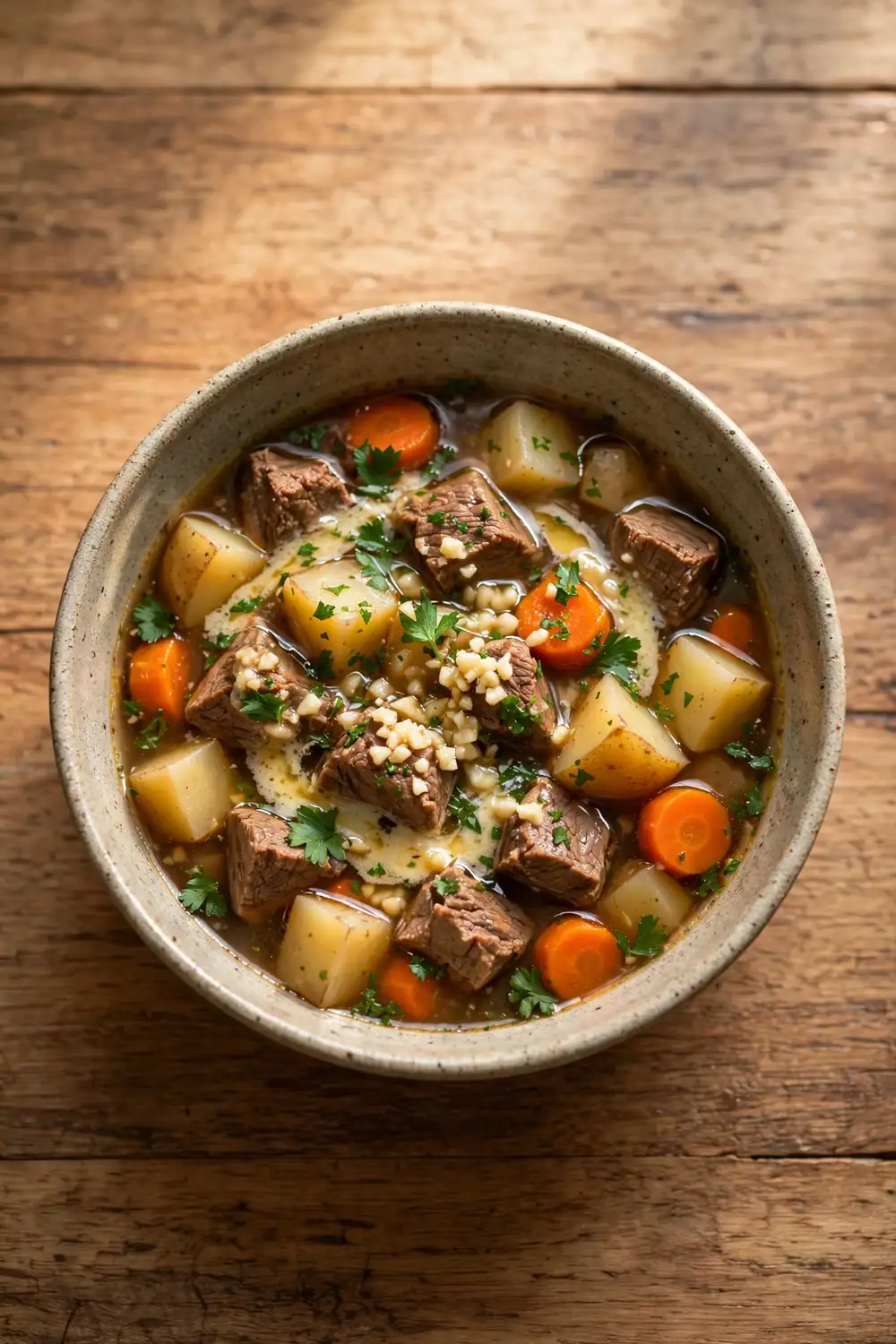 Beef and vegetable soup with garlic butter drizzle and minced garlic, beef chunks, carrots and potatoes