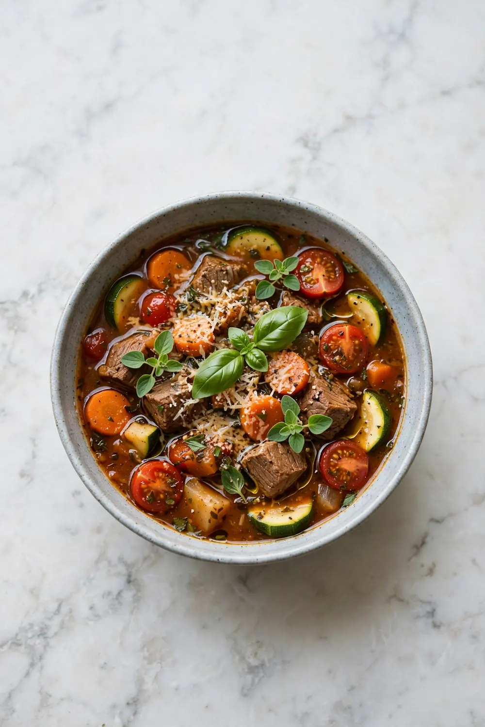 Beef and vegetable soup with basil, oregano and parmesan, beef chunks, carrots, zucchini and tomatoes