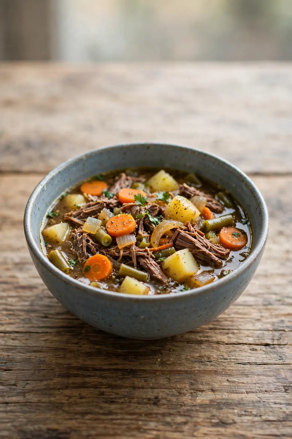 Beef and vegetable soup with shredded leftover roast beef, carrots, potatoes, green beans and onion
