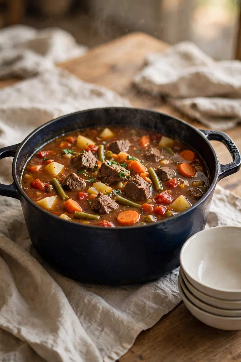 Large family pot of beef and vegetable soup with stacked bowls beside it on a dining table