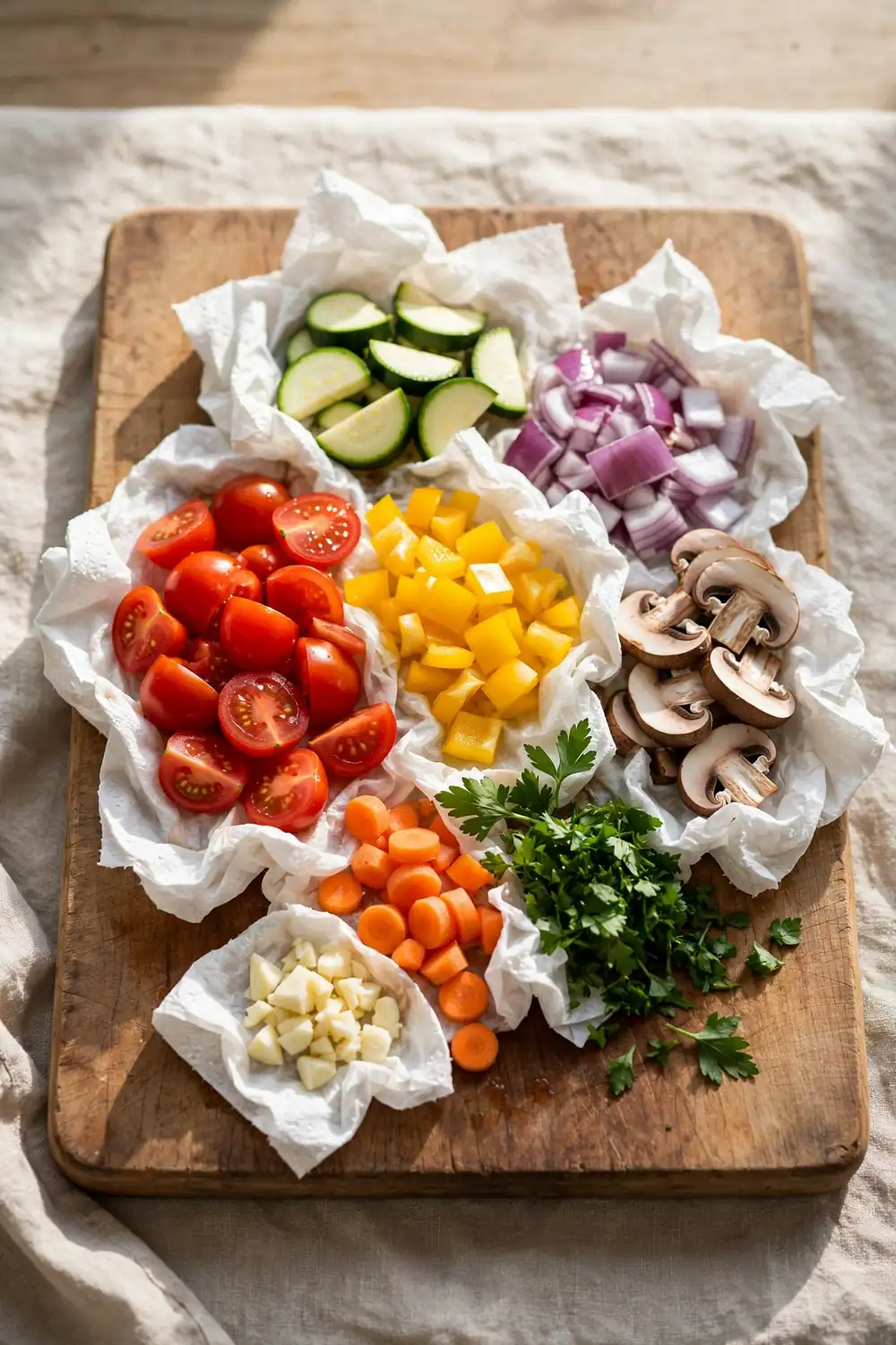 Hands patting mushrooms dry with paper towels on a cutting board