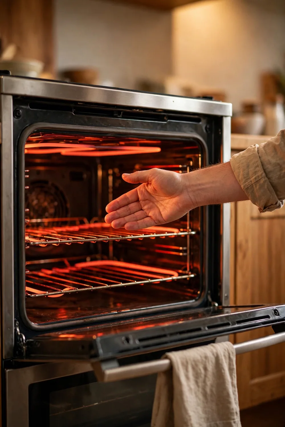 Oven thermometer inside a hot oven with a casserole dish nearby
