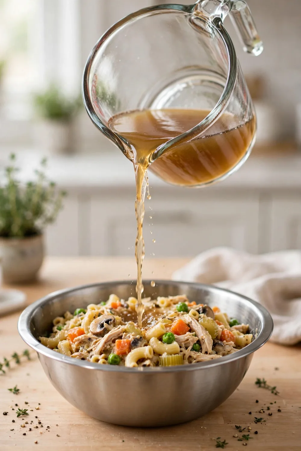 Measuring cup with a small amount of broth beside a casserole dish