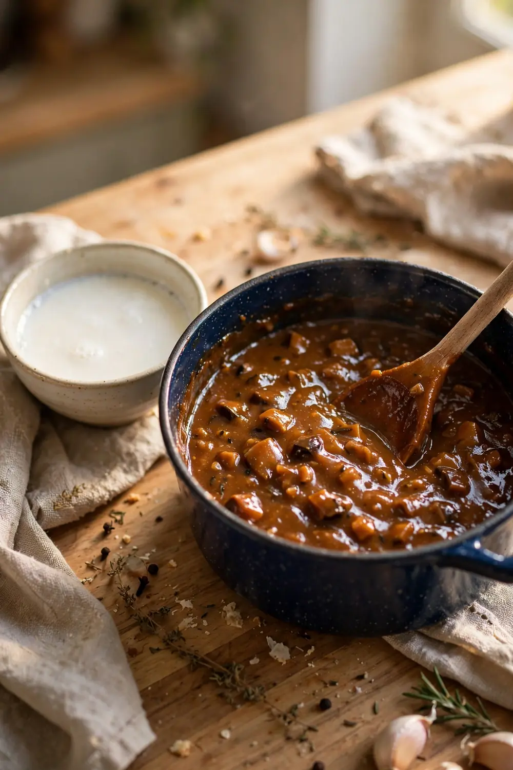 Thick sauce simmering in a pan with a wooden spoon