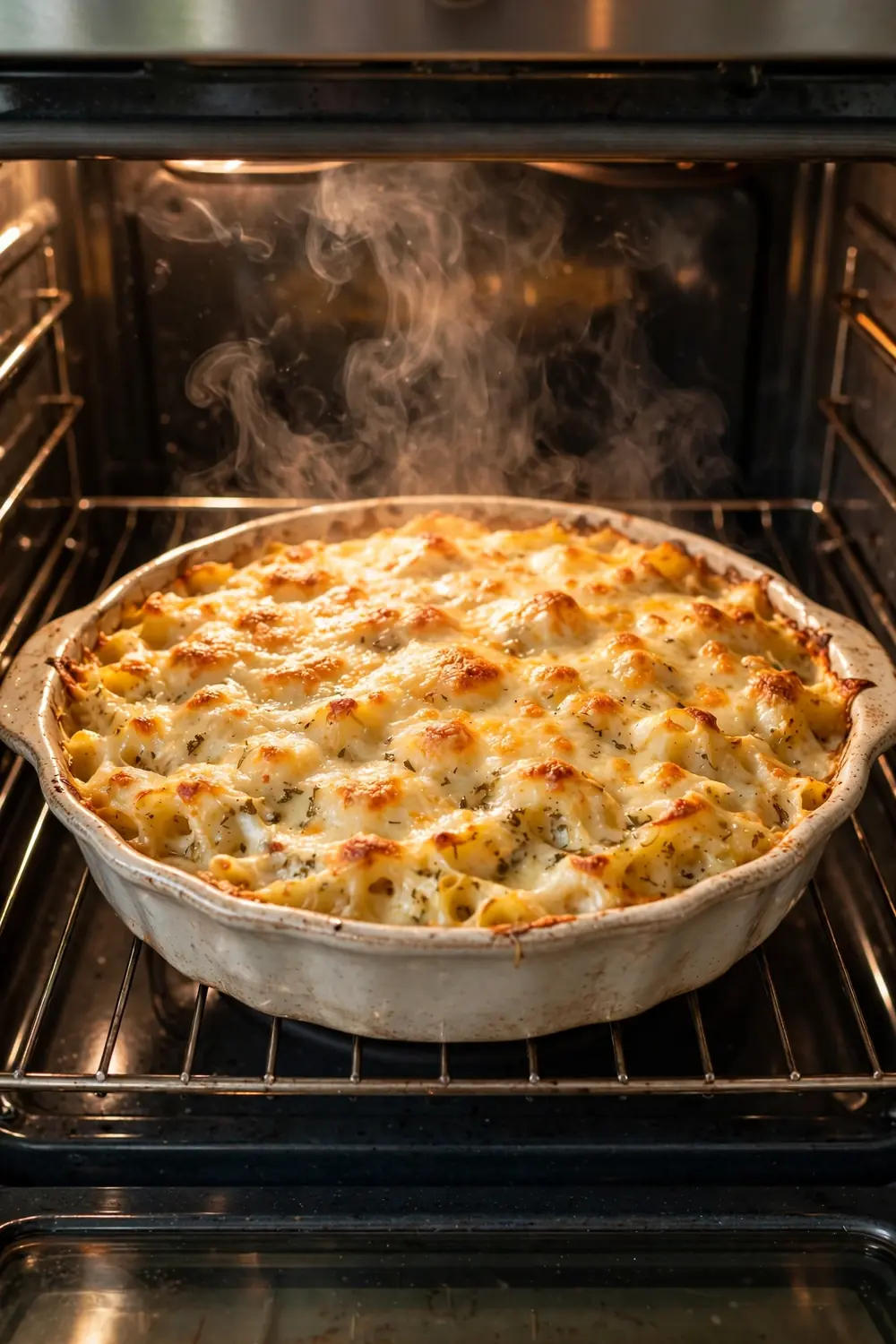Casserole baking uncovered with a golden top in the oven