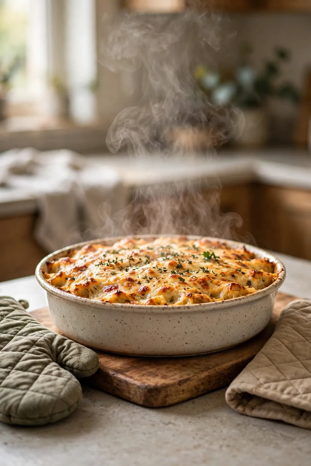 Baked casserole resting on a rack on a kitchen counter