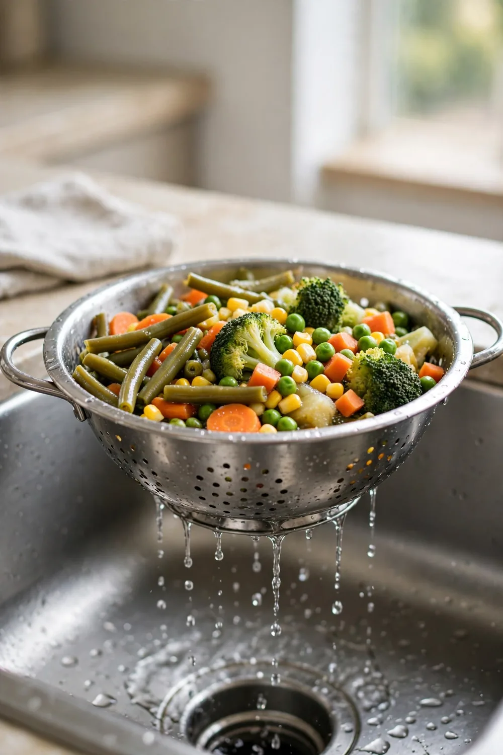 Canned beans draining in a colander over a sink
