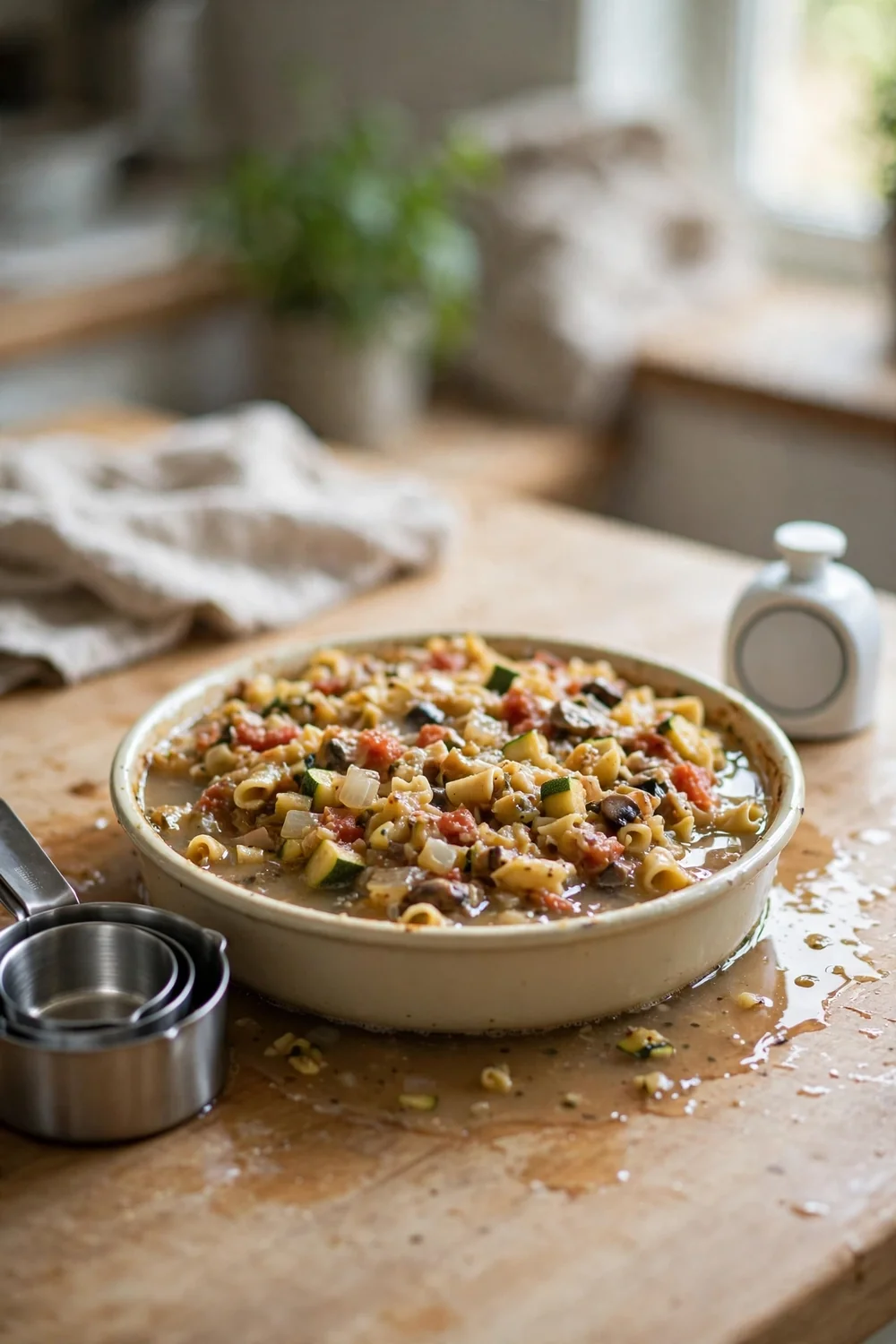 Baking dish with extra broth and a covered lid beside it