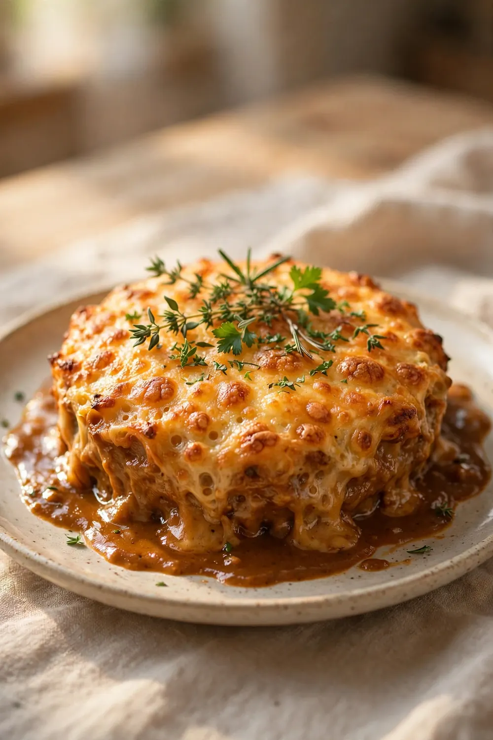 Golden baked casserole served in neat slices on plates
