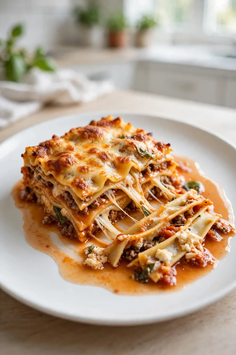 watery lasagna with wet layers sliding apart on a plate