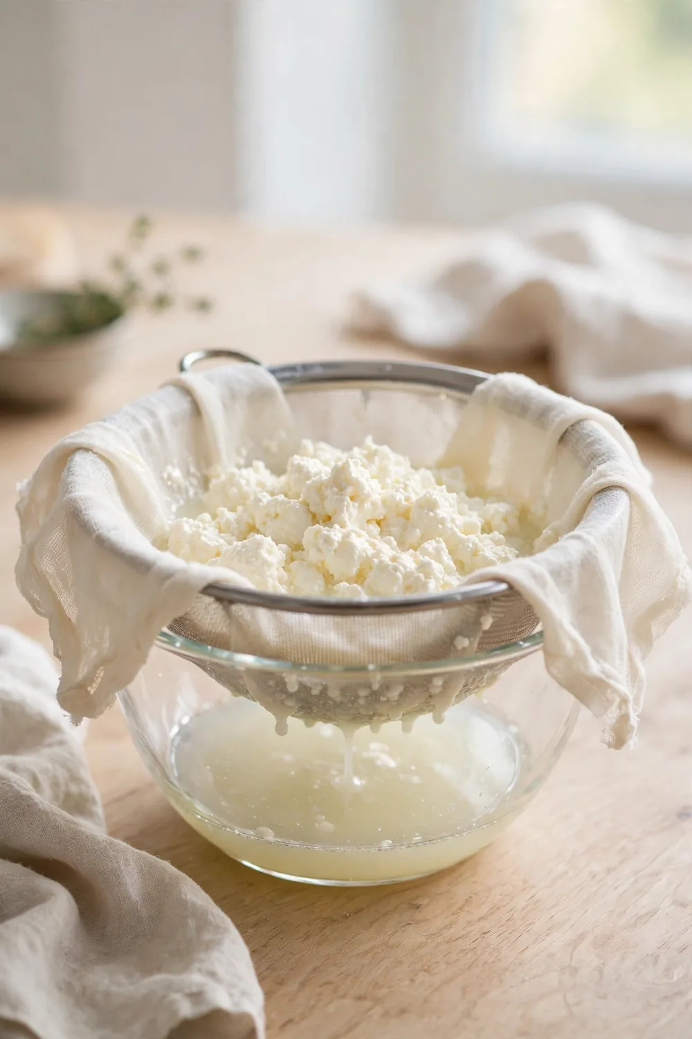 Ricotta draining in a cheesecloth lined strainer over a bowl