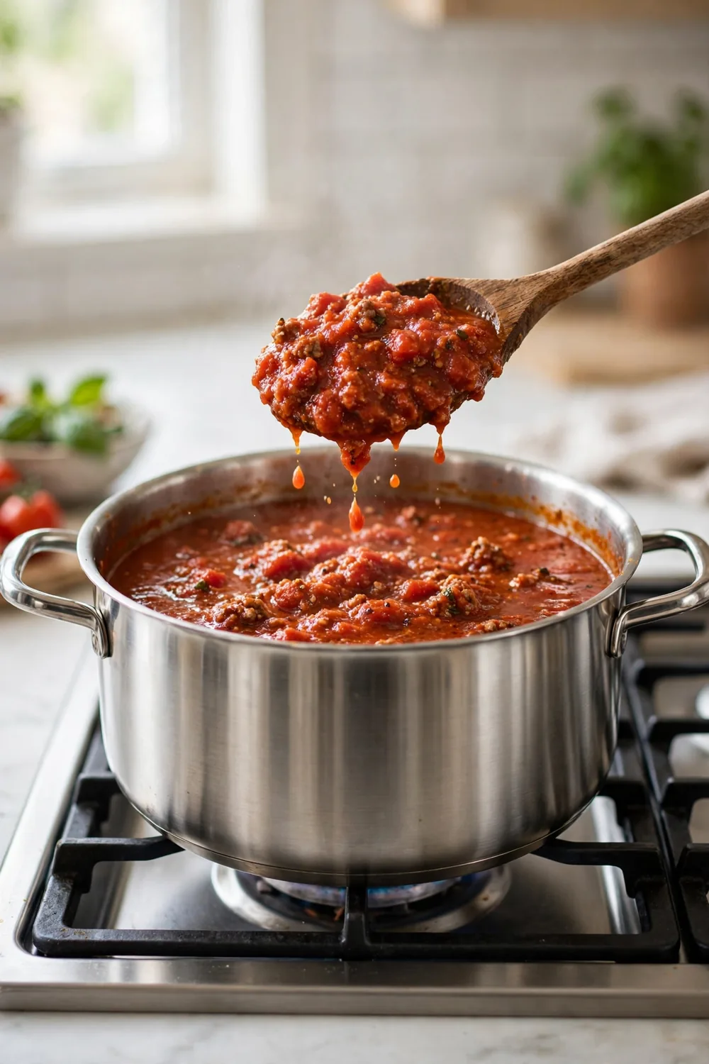 Thick tomato meat sauce simmering in a pot with a wooden spoon