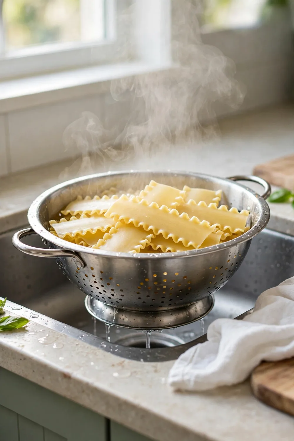 Lasagna noodles draining in a colander after boiling