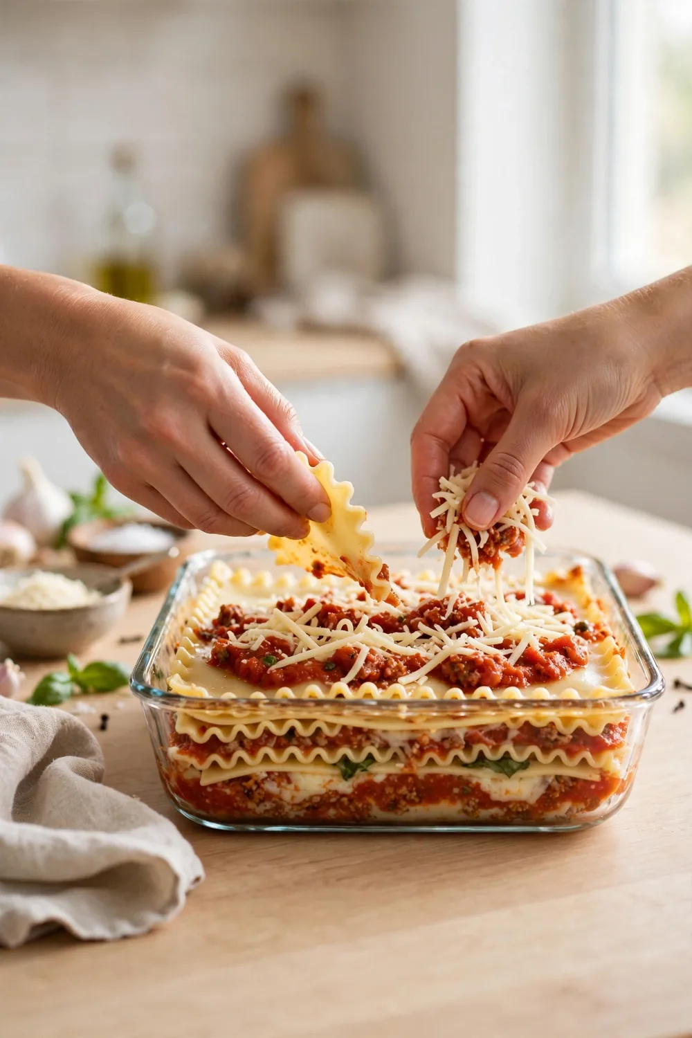 Hands layering lasagna with thin even layers in a baking dish