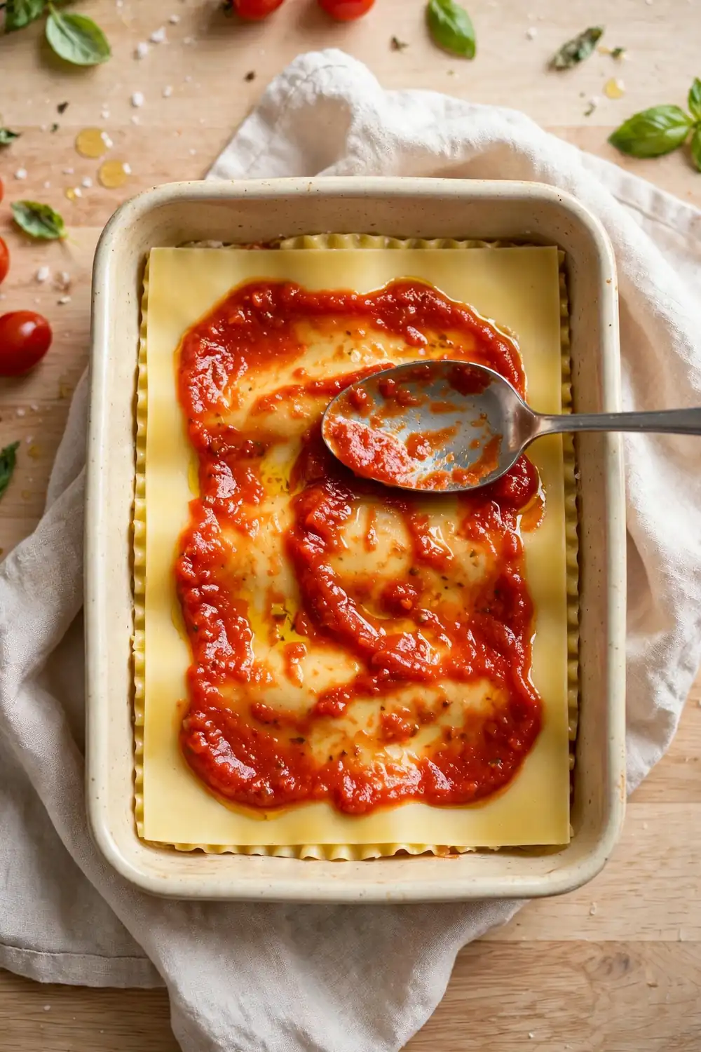Spoon spreading a thin layer of sauce over lasagna noodles