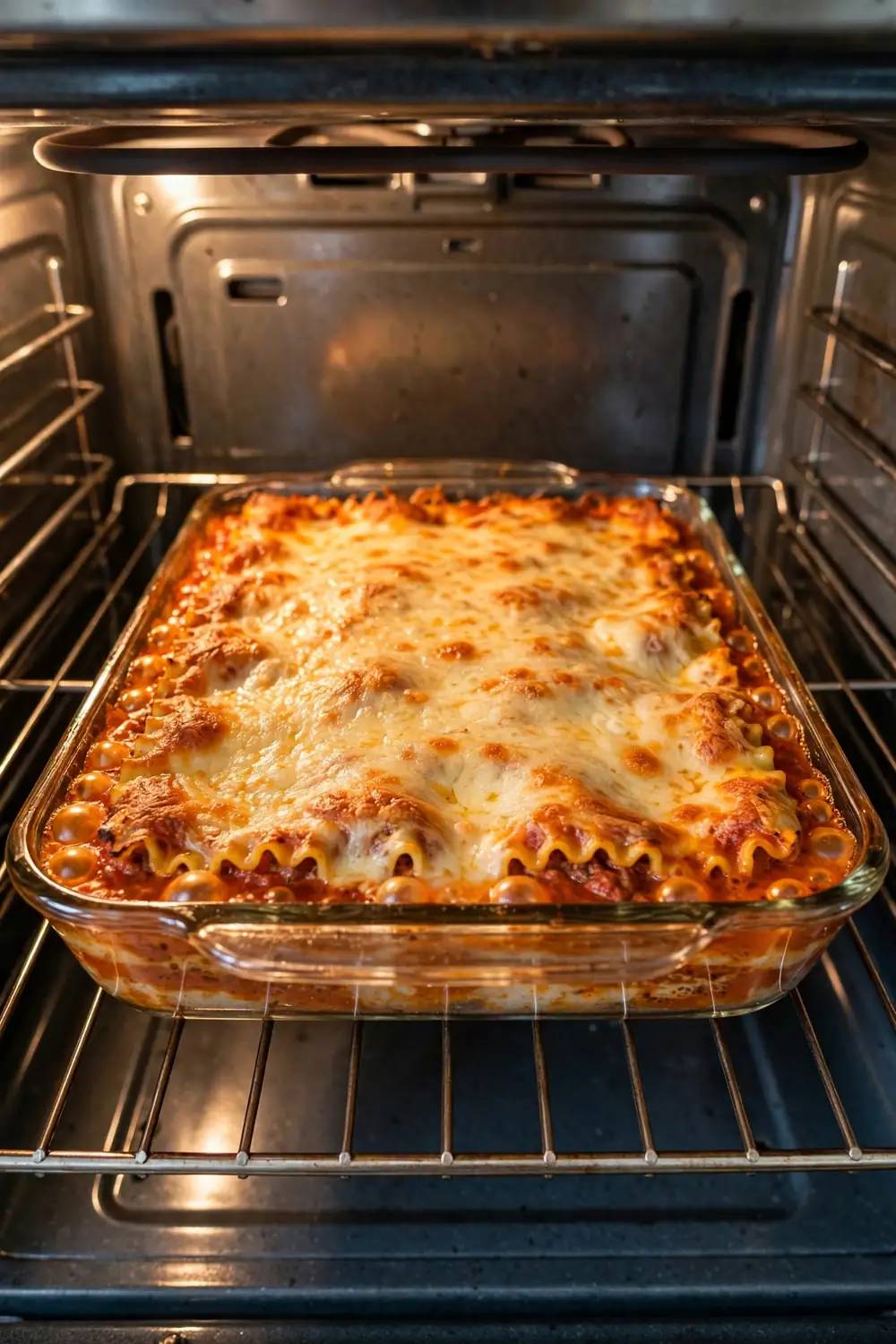 Lasagna baking in the oven with bubbling edges and golden top