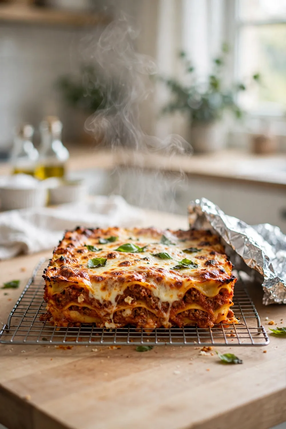 Baked lasagna resting on a wire rack before slicing