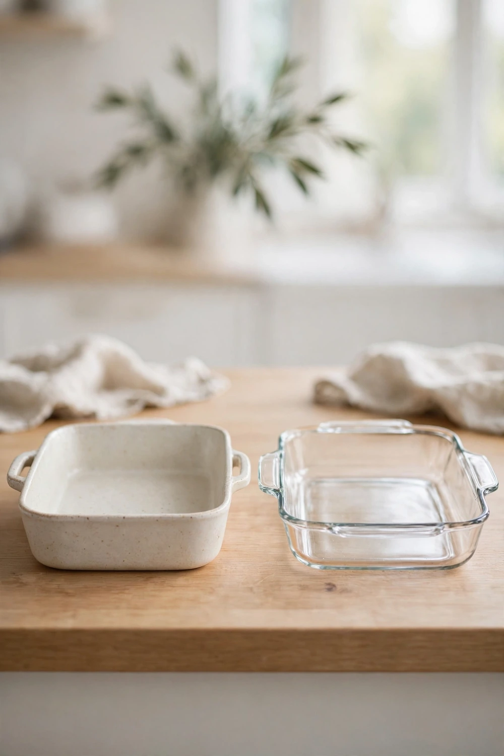 Ceramic and glass baking dishes side by side on a kitchen counter