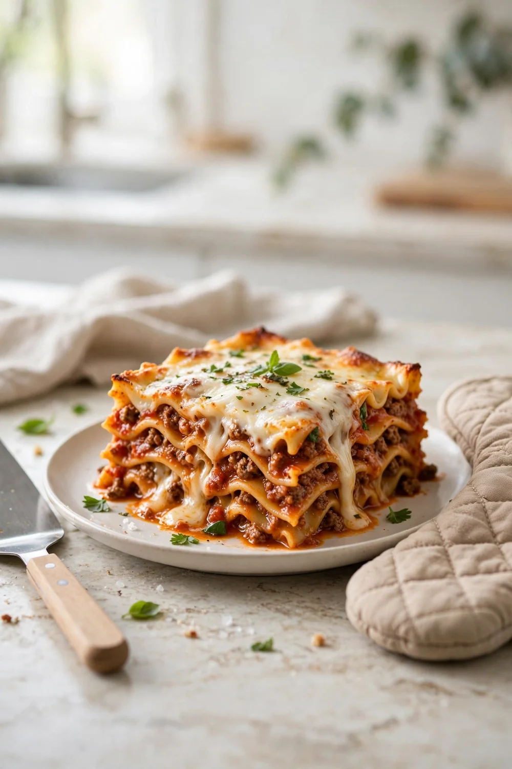 Sliced lasagna with watery layers beside baking tools on a counter