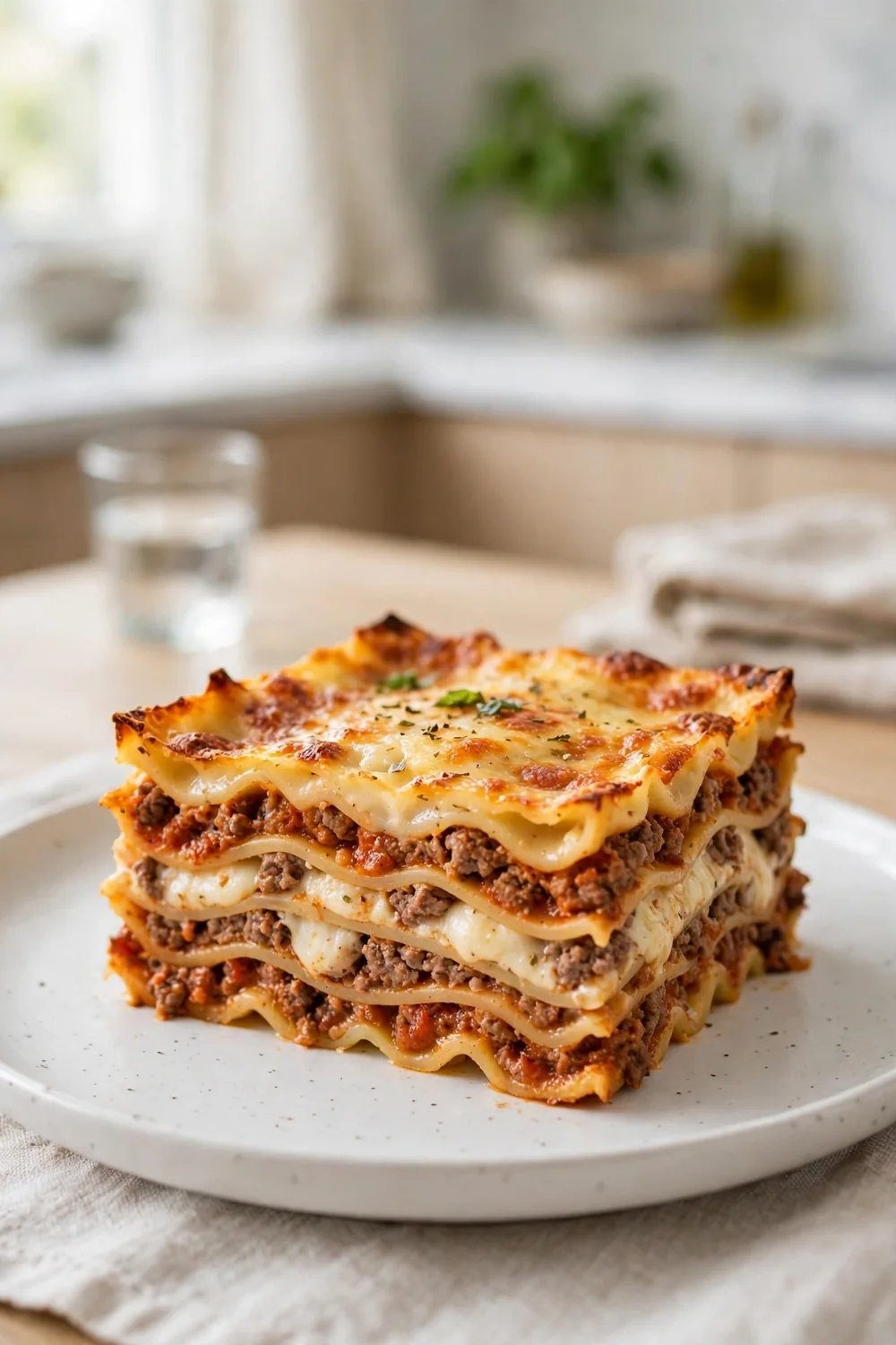Firm slice of lasagna holding neat layers on a plate