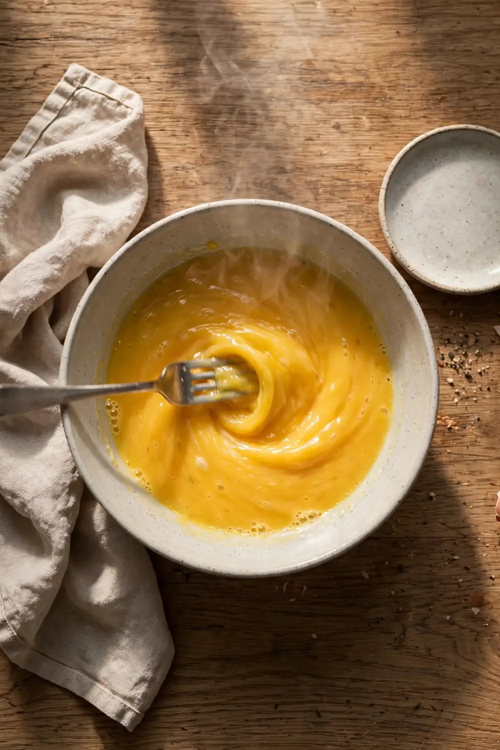 Eggs whisked in a bowl with no milk