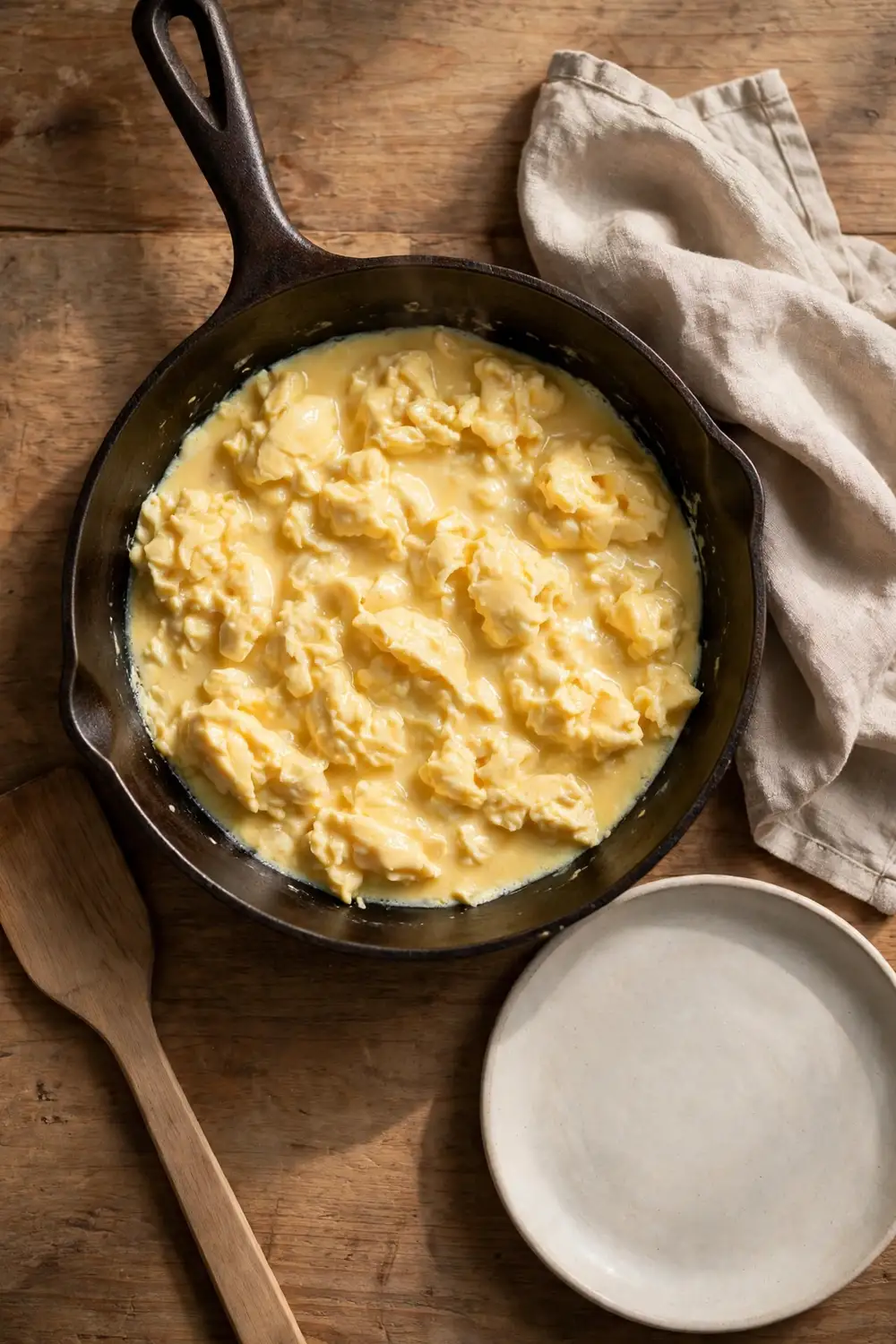 A pan of soft scrambled eggs removed from heat