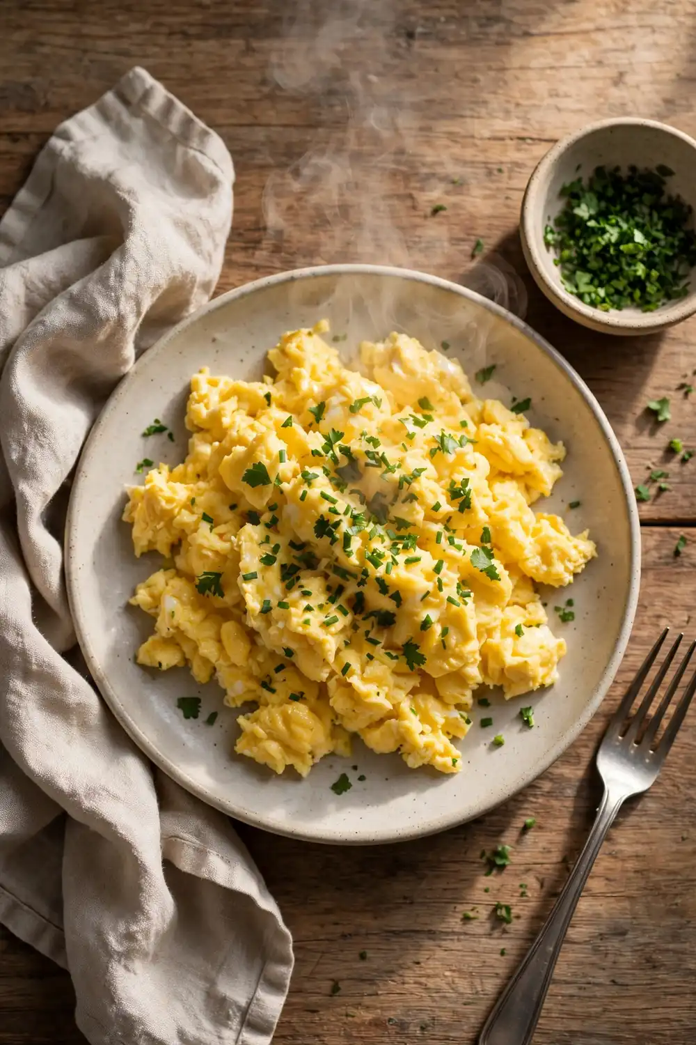 Scrambled eggs served on a round plate