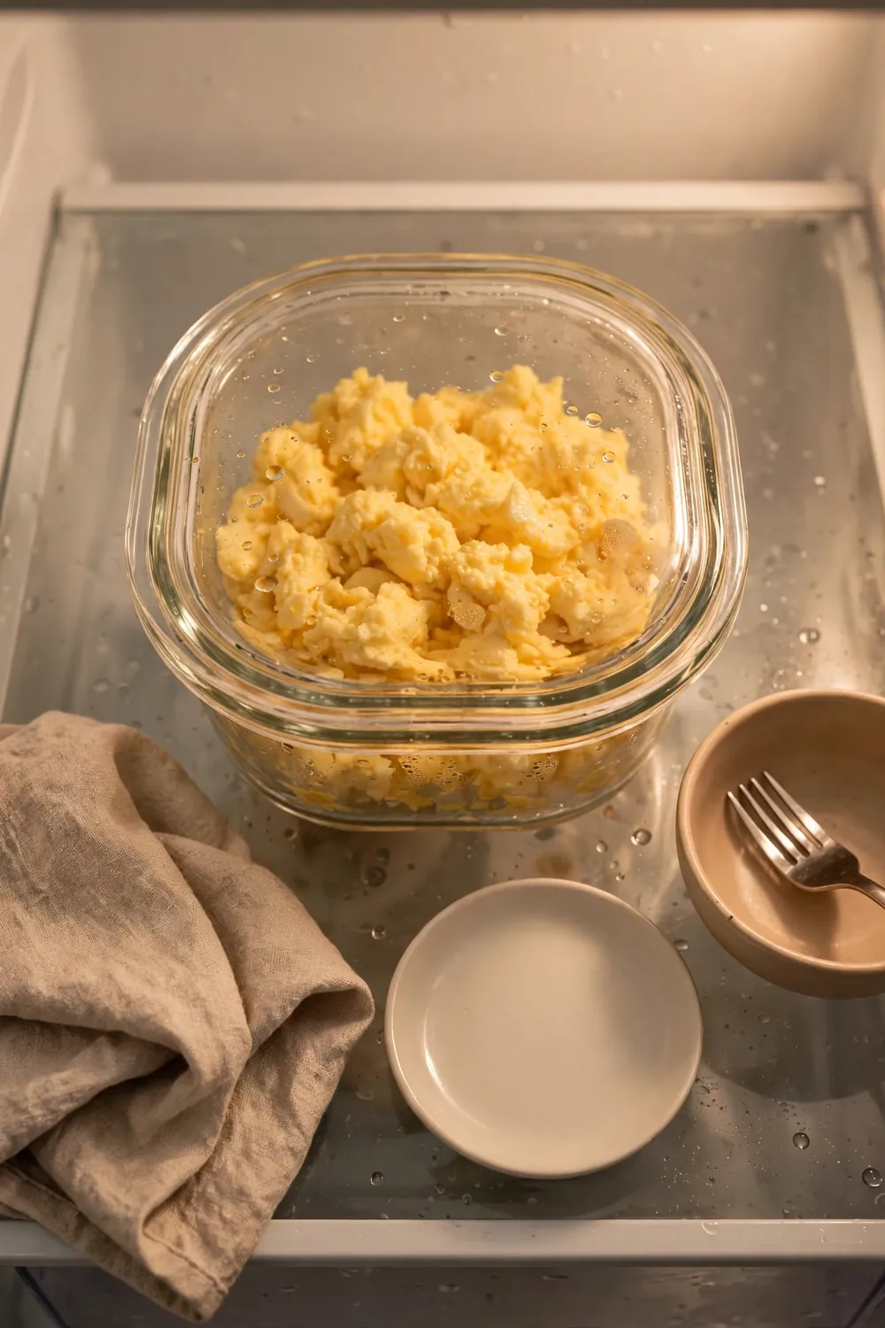 Cooked scrambled eggs in a sealed glass container