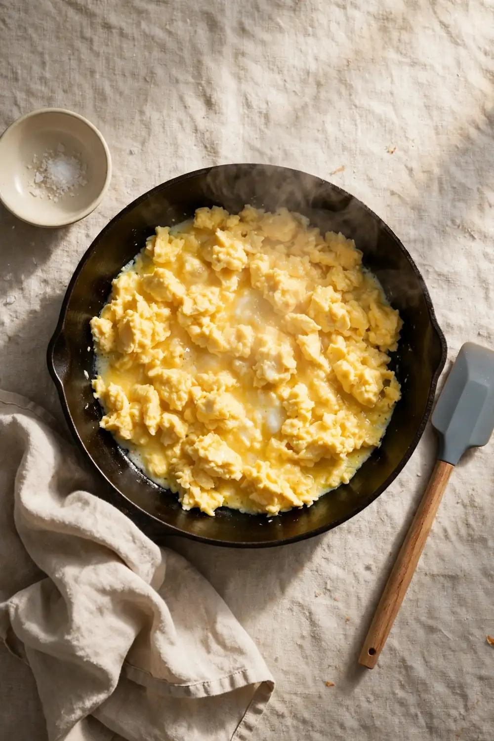 Scrambled eggs reheated gently in a pan