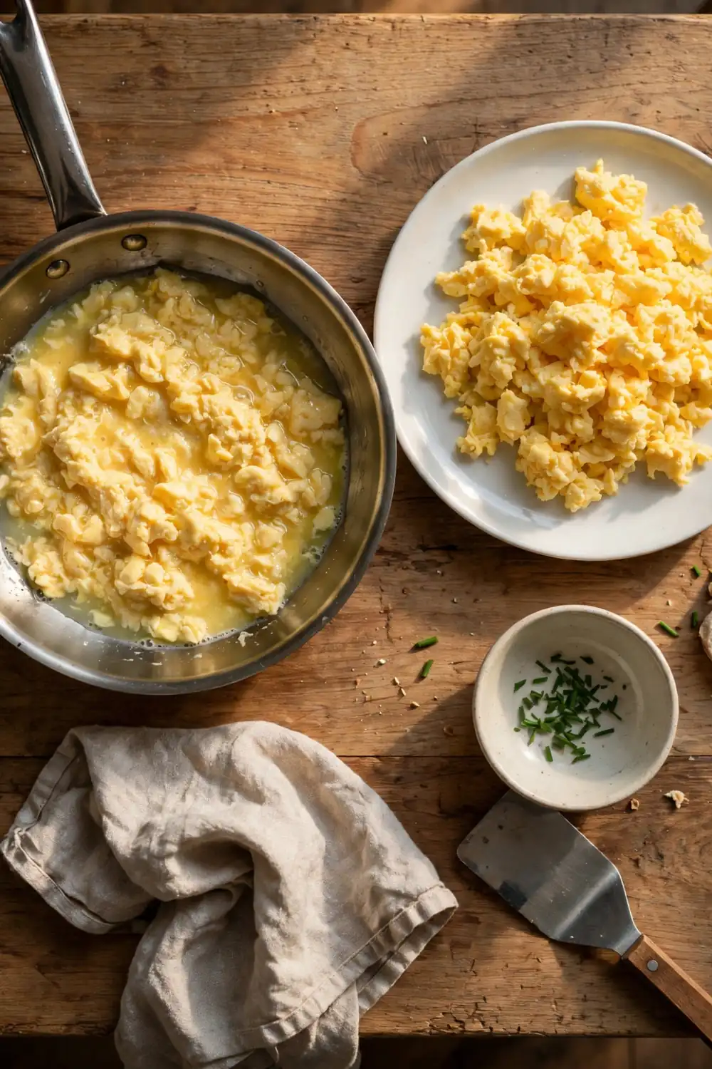 Watery eggs beside fluffy scrambled eggs