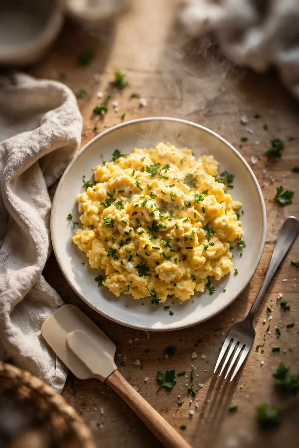 Perfect scrambled eggs served on a round plate
