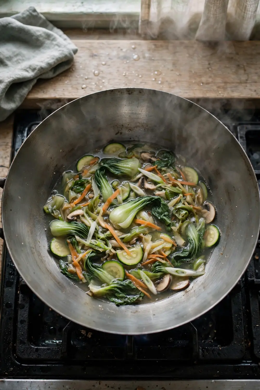 Watery stir fry in a wok with pooled liquid and limp vegetables