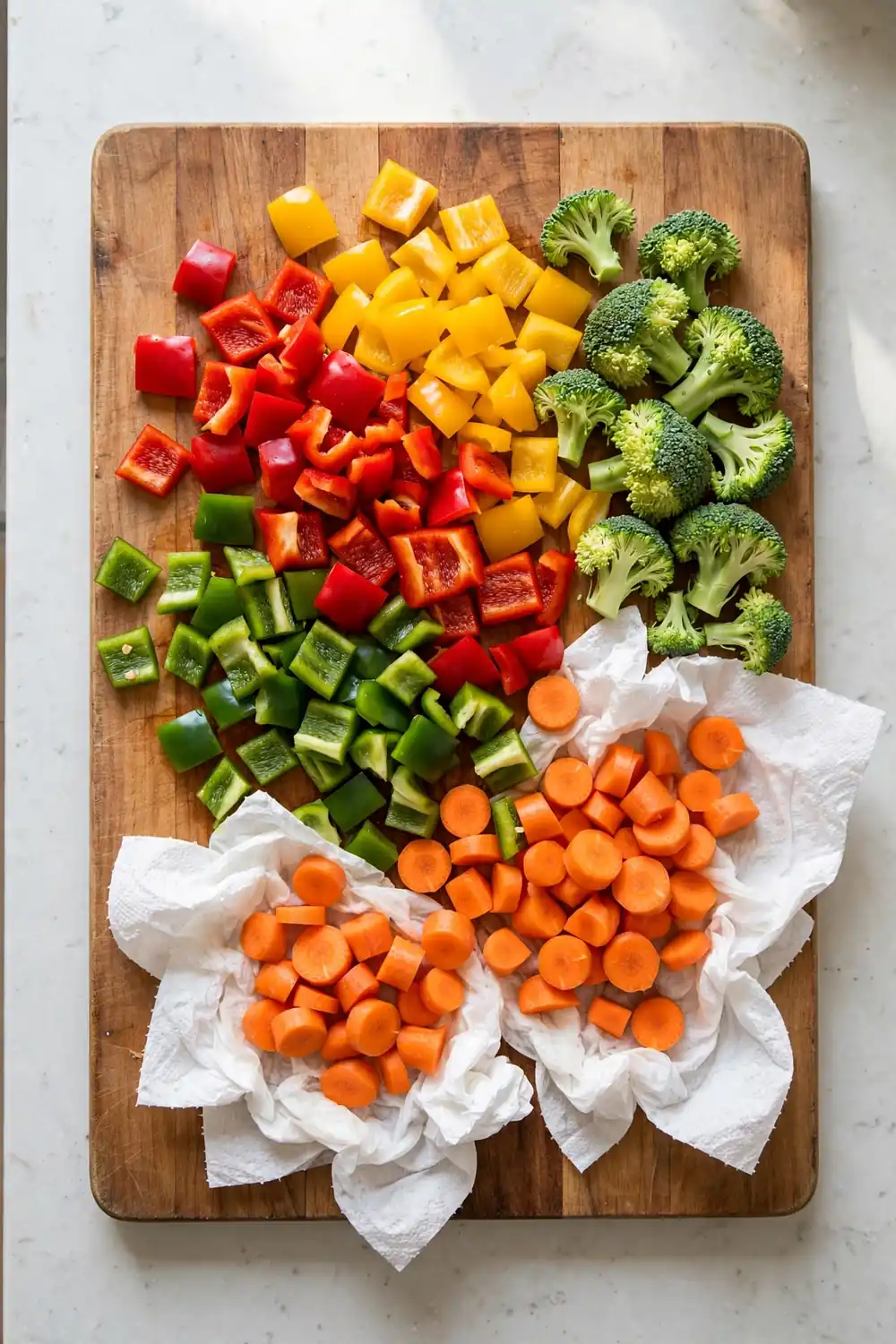 Fresh chopped vegetables patted dry with paper towels on a wooden board