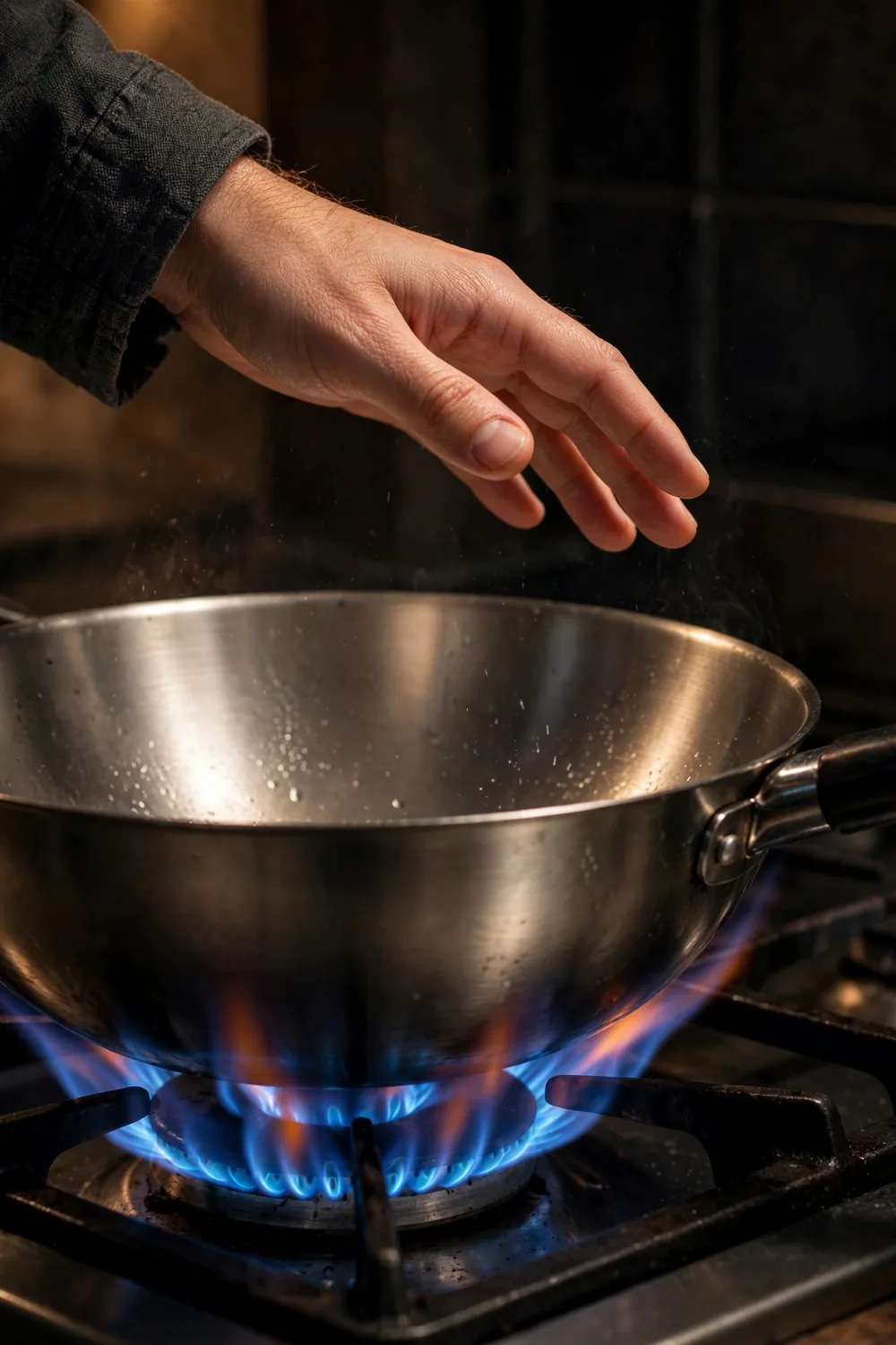 Empty stainless steel wok heating on a high flame burner