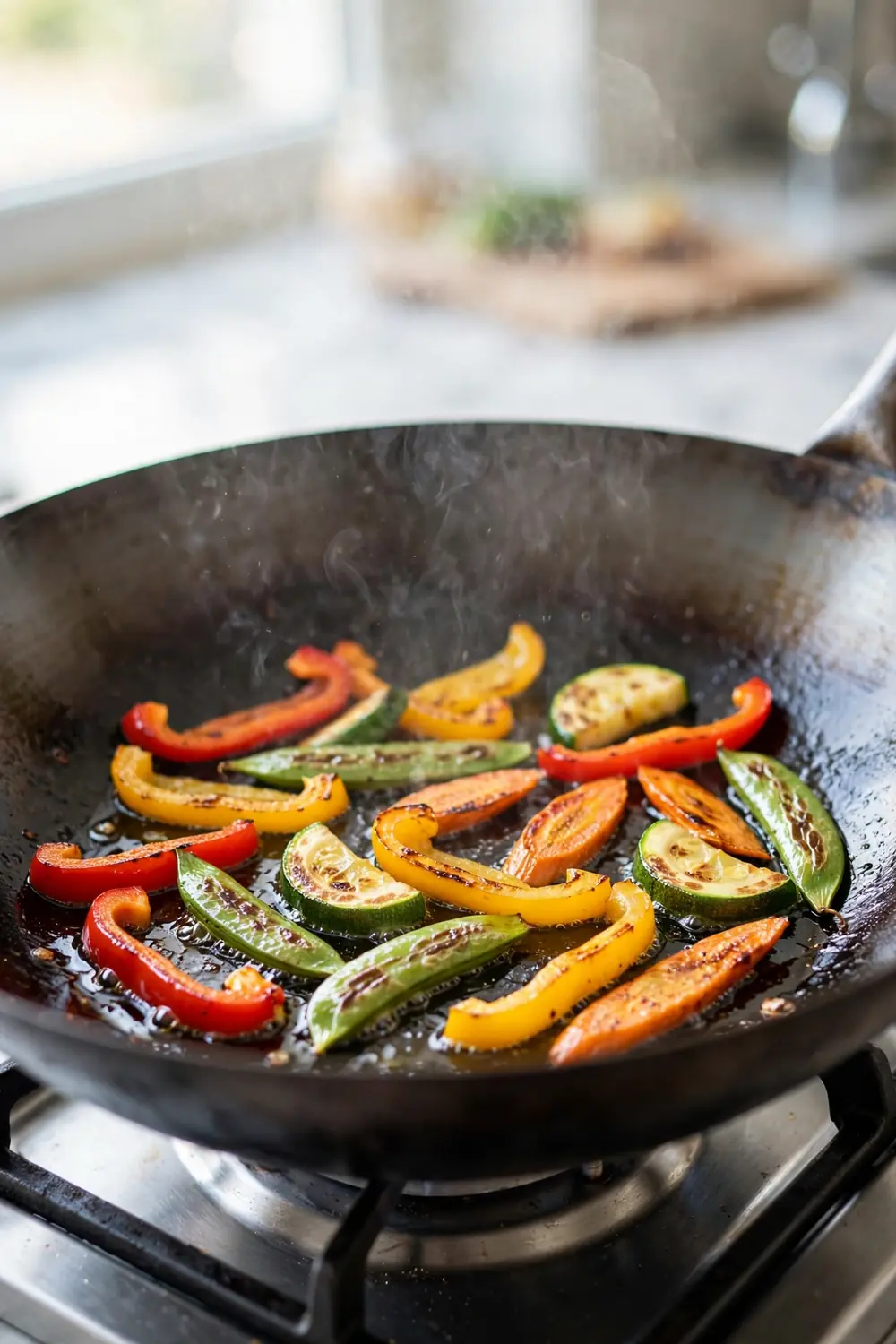 Small batch of vegetables searing in a hot wok with space between pieces