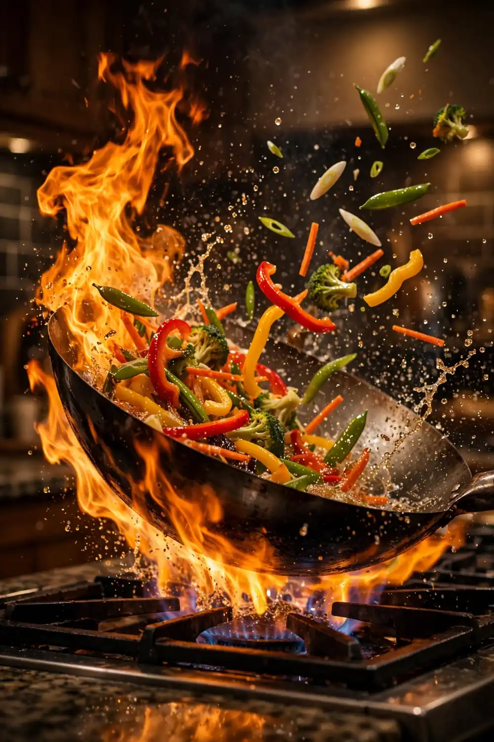 Wok over a roaring high flame with vegetables tossing in hot oil