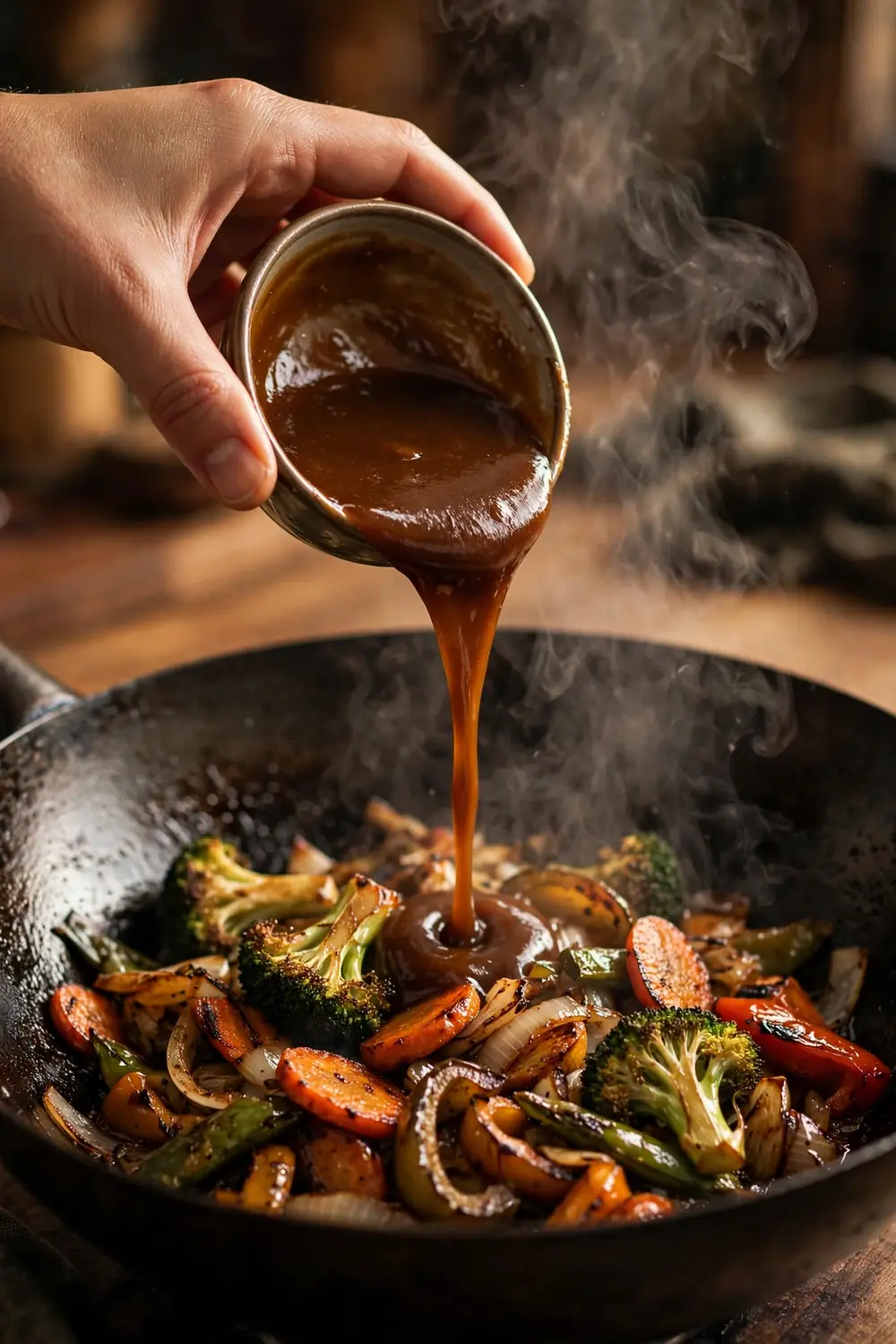 Hand pouring glossy sauce around the hot edges of a wok of browned vegetables