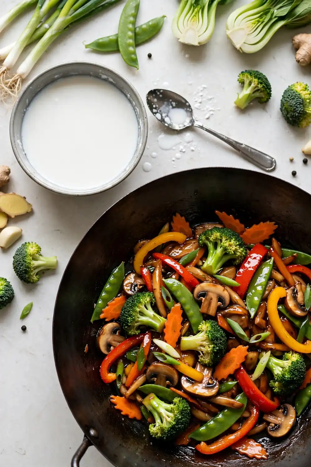 Small bowl of cornstarch slurry beside a wok of glossy stir fry