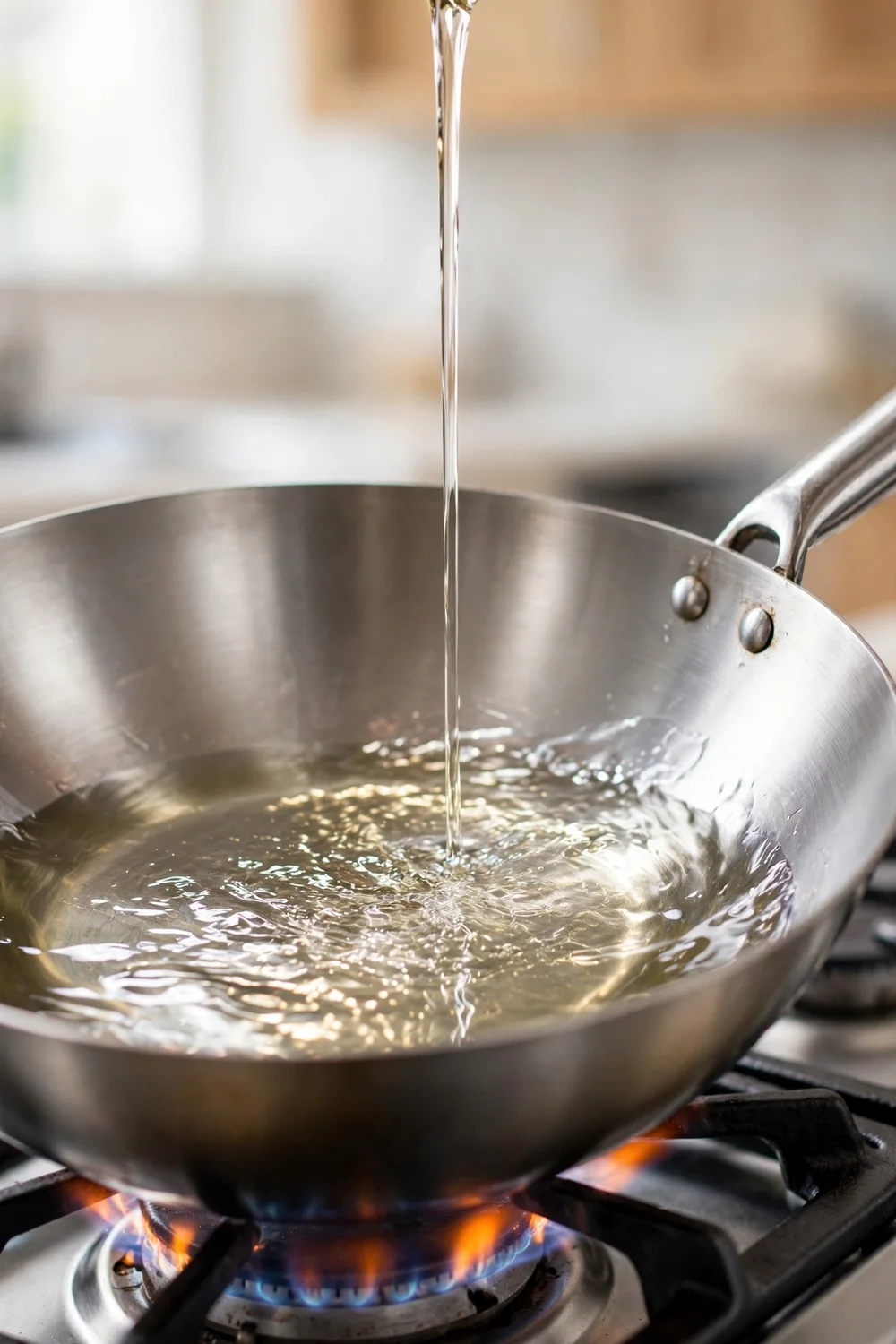 High smoke point oil poured in a thin layer into a hot wok