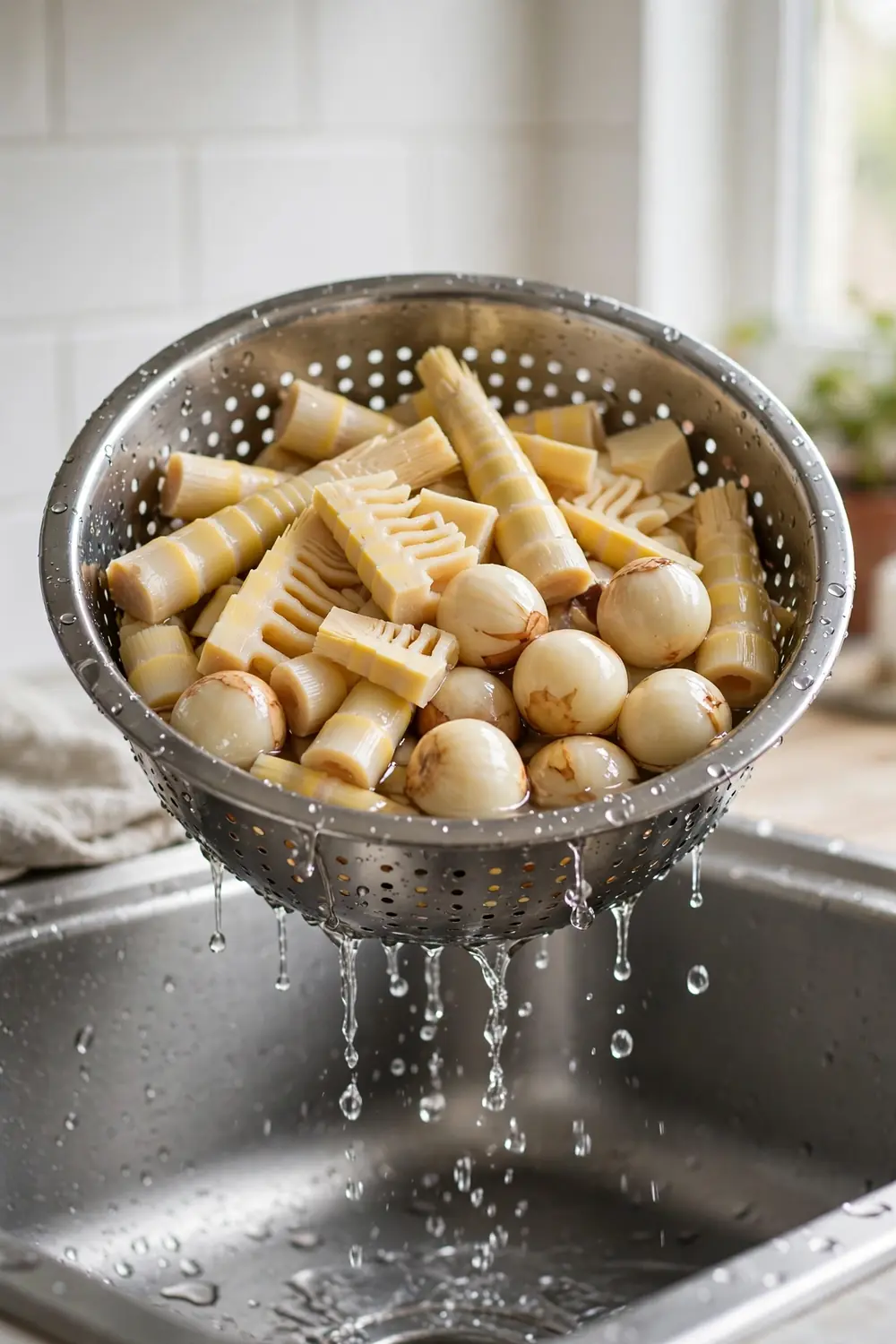 Colander draining canned bamboo shoots and water chestnuts over a sink