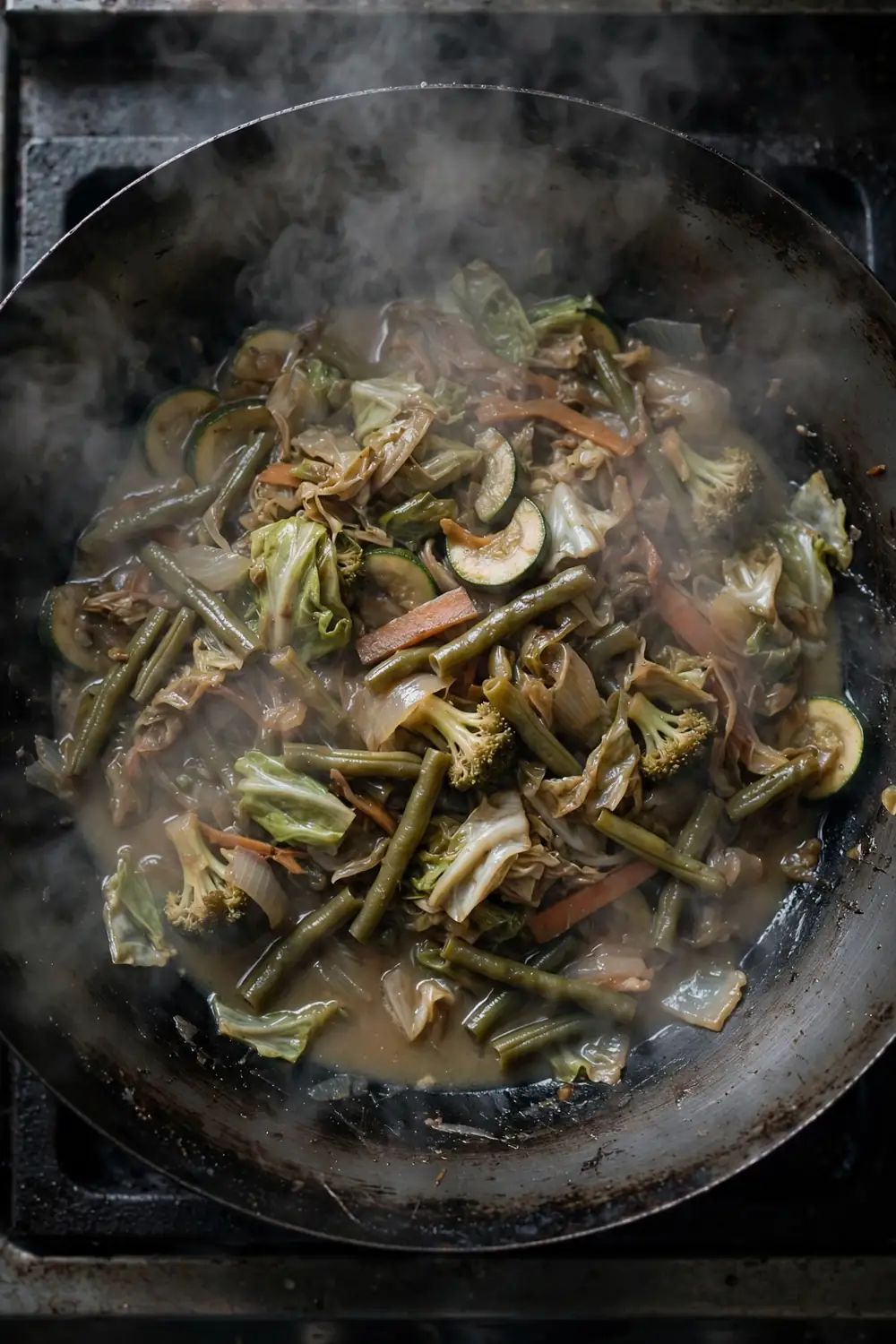 Crowded soggy wok with a sauce puddle and limp vegetables