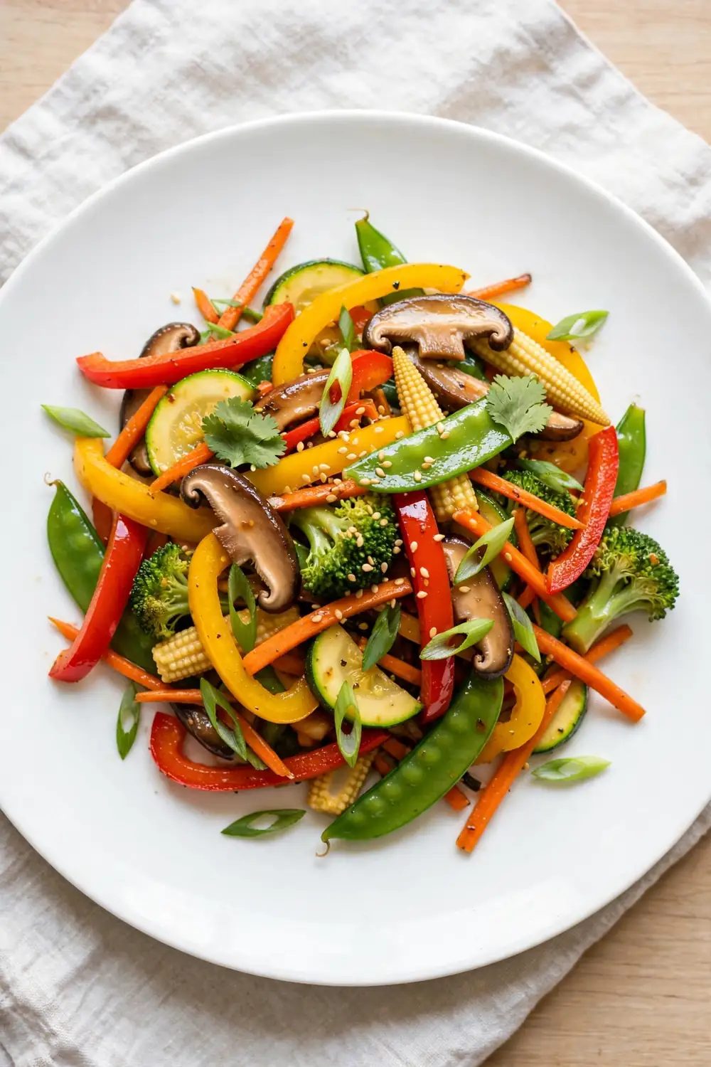 Finished crisp stir fry plated with bright vegetables and glossy sauce