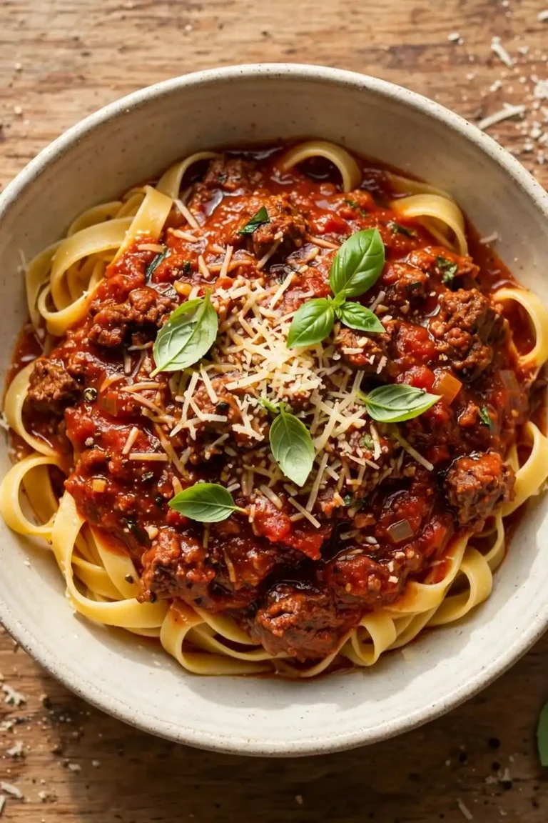 Bowl of rich beef and tomato meat sauce over wide tagliatelle with grated parmesan and basil