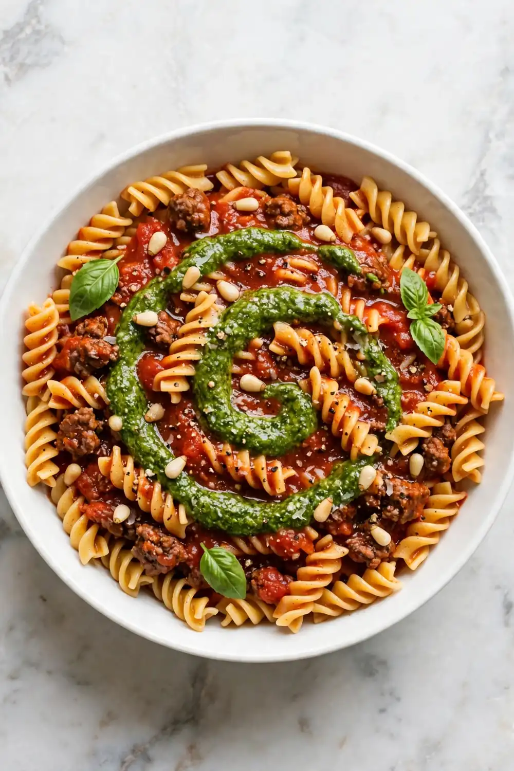 Bowl of beef tomato meat sauce over fusilli with a green pesto swirl on top